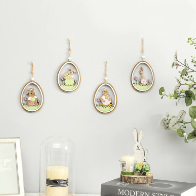 Cross-Border New Easter Decorations Creative Color Painted Hollow Spring Cartoon Rabbit Egg-Shaped Wooden Pendant