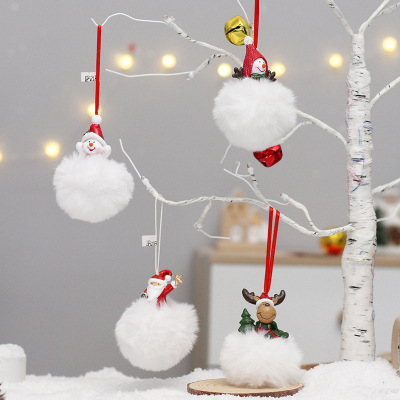 Cross-Border New Christmas Decorations Creative Resin Santa Claus David's Deer Snowman White Fur Ball Bell Pendant