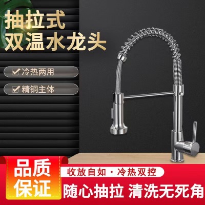 Sus304 Stainless Steel Spring Pull-out Retractable Kitchen Faucet Washing Basin Sink Sink Hot and Cold Shower