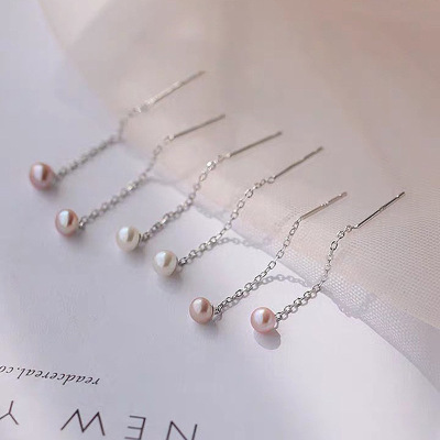 S999 Sterling Silver Ear Line Natural Pearl Earrings Women's Simple Korean Fresh Tassel Earrings Light Luxury High-End Earrings
