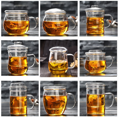 Factory Wholesale Household Glass Heat-Resistant Scented Tea Cup Three-Piece Cup Set Office Tea Maker with Handle Filter Cup Logo