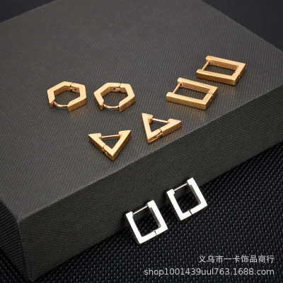 New Men 'S Trend Ear Clip Stainless Steel Triangle, Heart-Shaped, Square, Round, Six Square Earrings