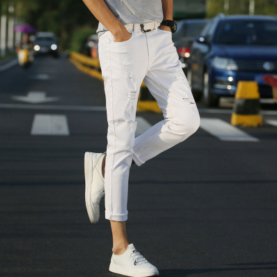 White Korean Style Stretch Jeans Skinny Couple Pants Men's Slim Black Knee Ripped Student Jeans Tide