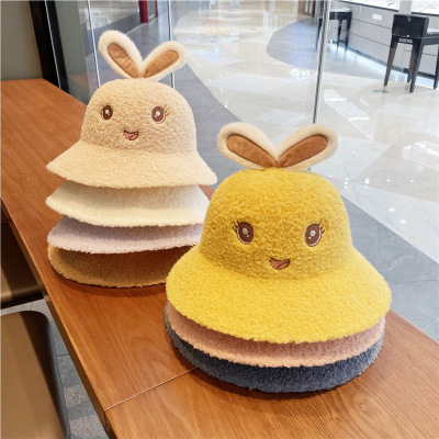 Children's Lamb Wool Bucket Hat Baby Autumn and Winter Thickening Warm Bucket Hat Boys and Girls Cartoon Embroidered Cute Hat Cute