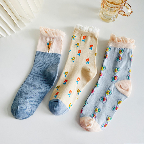 Japanese Style Fresh Blue Lace Mid-Calf Socks Color Heart-Shaped flower Cotton Socks Casual Breathable Socks Women