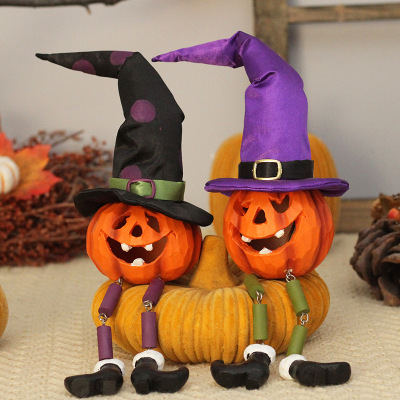 Cross-Border New Halloween Decorations Wizard's Hat Pumpkin Hanging Feet Doll Resin Decorations Scene Atmosphere Layout