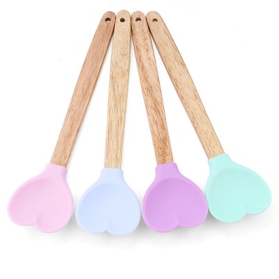 Solid Color Heart-Shaped Silicone Stirring Spoon Wooden Handle Silicone Spatula Insulation Spoon Wooden Handle Love Silicone Spoon