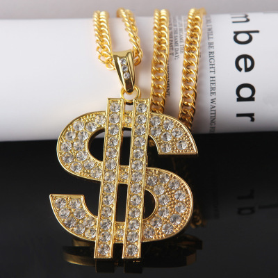 European and American Exaggerated Hip Hop Domineering Coarse Dollar Symbol Necklace Alloy Diamond-Embedded Unique Hipster Hipster Ornament