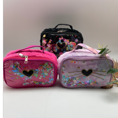 Factory Direct Sales Portable Cosmetic Bag Plush Cat Heart Bag Creative Travel Storage Cosmetics Bag