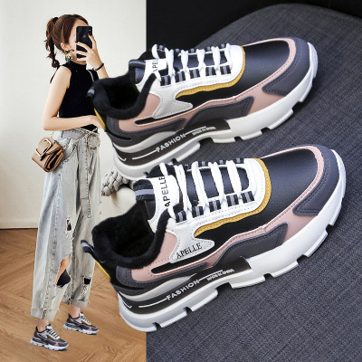 Fleece-Lined Clunky Sneakers for Women 2021 Winter New Korean Style Versatile Sneakers for Students Women Warm Ins Height Increasing Nk77