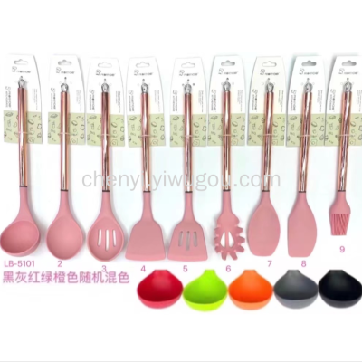 Factory Wholesale Kitchen Rose Gold Plated Tube Handle Silicone Kitchenware Non-Stick Silicone Kitchenware Set Pot Friendly Cooking Spoon and Shovel