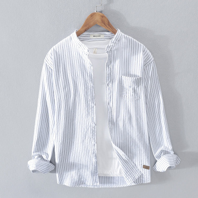 Rc215-Men's Medal Striped Cotton Casual Shirt Men's Stand Collar Cotton Shirt Factory Direct Sales One Piece Dropshipping