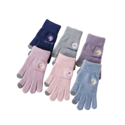 New Crystal Woolen Thickened Velvet Chrysanthemum Women's Touch Screen Mink Velvet Knitted Jacquard Touch Screen Gloves