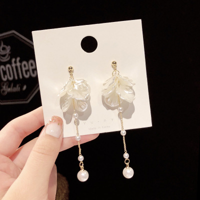 925 Silver Needle Korean Dongdaemun Shell Petal Earrings Women's Long Elegant Pearl Earrings Factory Direct Sales
