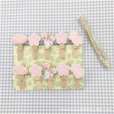 Fresh Pink Small Flower Photo Folder Snack Clip Memo Pad Holder Wooden Clip