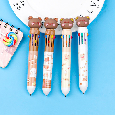 Cute Cartoon Little Brown Bear Shape 10 Colors Retractable Ballpoint Pen Children Student Press Ball Pen Portable Stationery
