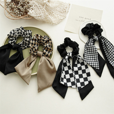 Early Spring New Arrivals Black and White Plaid Intestine Circle Bow Streamer Hair Accessory Houndstooth Large Intestine Hair Ring Elastic Hairband Jewelry