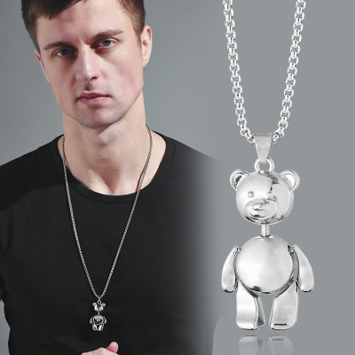 Cute Bear Titanium Steel Necklace for Men and Women Swing Trendy Cool Student Couple Hip Hop Cool Sweater Chain Accessories Wholesale