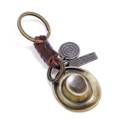 Factory Direct Sales Handmade Braided Leather Key Chain, Simple and Versatile Alloy Cowboy Hat Key Ring One Piece Dropshipping