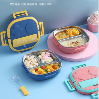 304 Stainless SteelChildren's Single-Layer Three-Grid Two-Grid Lunch Box Cute Heat Preservation Bento Portable Lunch Box