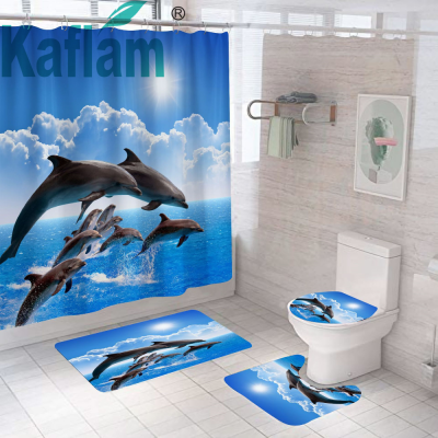 Cross-Border Shower Curtain Jumping Dolphin Shower Curtain Set Digital Printing Polyester Shower Curtain Punch-Free 