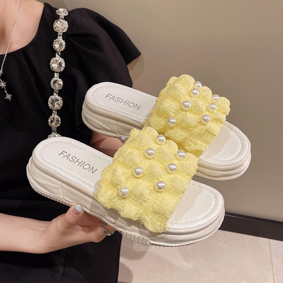 2022 Summer New Daily Thick-Soled Pearl Style Poop Feeling Outerwear Women Stylish Semi-Slippers Internet Hot Sandals Women