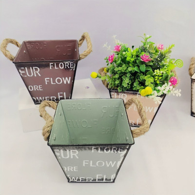 Square European Retro Style Printing Galvanized Iron Flower Pot Iron Bucket Home Decorative Creative Ornaments Craft