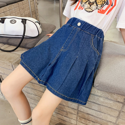 Girls' Summer Wide-Leg Denim Shorts Pleated Skirt Children's Loose-Fitting Hot Pants Girls' Casual Skirt Pants
