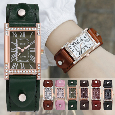 Foreign Trade Fashion Bangle Watch Student Lady Square Head Diamond-Embedded Watch Leather Strap Watch Luminous Needle Quartz Watch