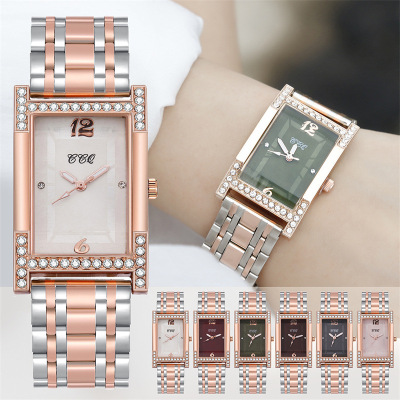 Foreign Trade Fashion Bangle Watch Student Women's Square Head Diamond-Embedded Watch Alloy Steel Belt Watch Luminous Quartz Watch