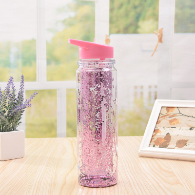 Factory Direct Supply Double-Layer Plastic Cup Creative Glitter Cup Portable Sports Straw Cup Gift Logo Batch