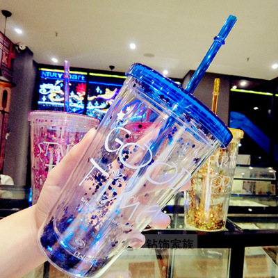 New Summer Ice Cup with Straw Creative Children's Water Cup Outdoor Sports Plastic Glitter Cup Gift Cup Wholesale