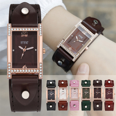 Foreign Trade Fashion Bangle Watch Student Women's Square Head Women's Watch Leather Strap Watch Luminous Needle Quartz Watch