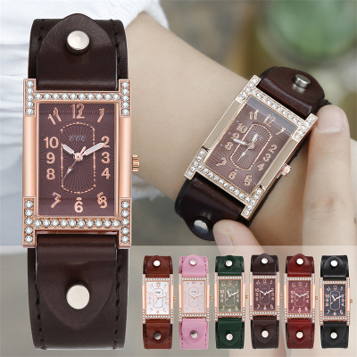 Foreign Trade Fashion Bangle Watch Student Women's Square Toe Diamond-Embedded Watch Leather Belt Watch Luminous Quartz Watch