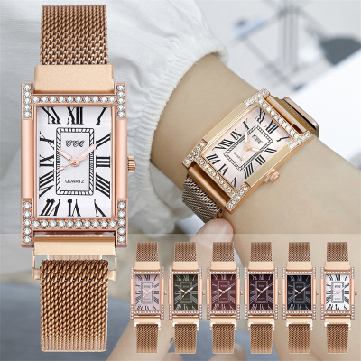 Foreign Trade Fashion Bangle Watch Student Lady Square Head Diamond-Embedded Watch Milan with Roman Face Luminous Quartz Watch