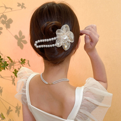 Net Yarn Flowers Beads Barrettes Updo Hair Claw Female Elegant Graceful Back Head Large Duckbill Clip Headdress Hairpin