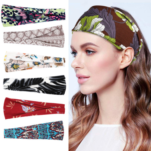 Europe and America Cross Border Fashion Exercise Hair Band Yoga Bandeau Sweat Headband New Women‘s Wide-Brimmed Printed Headdress in Stock