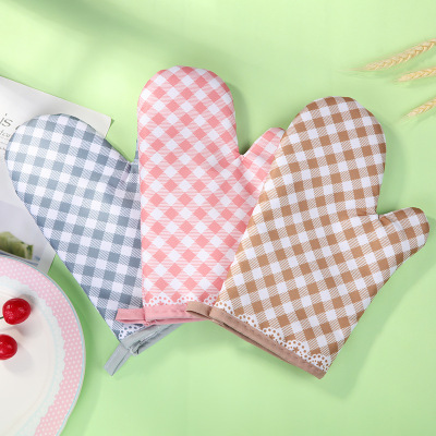 Customized Processing Japanese Twill Plaid Thermal Insulation Thickening Oven Gloves Simple High Temperature Resistant Oven Baking Gloves