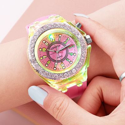 Cross-Border Supply Luminous Watch Women's Diamond Candy Color Silicone Watch with Light Middle School Student Watch Wholesale