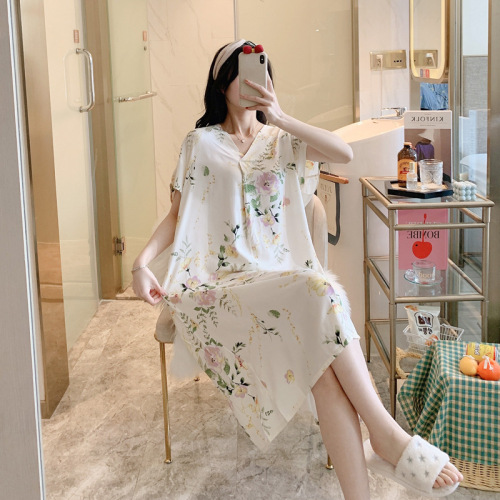 women‘s nightdress summer cotton silk cartoon printed short sleeve overknee long night dress pregnant women can wear outside summer home wear