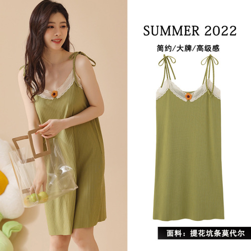 lace slip nightdress women‘s summer modal ice silk sexy thin mid-length girl‘s inner wear korean style student pajamas