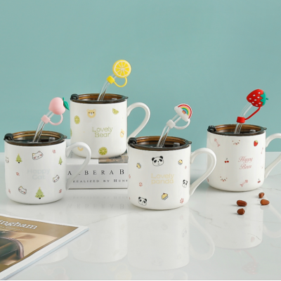 Children's Cartoon Ceramic Cup with Lid Gift Rainbow Straw Ceramic Cup Hand Gift Milk Can Be Ordered Logo