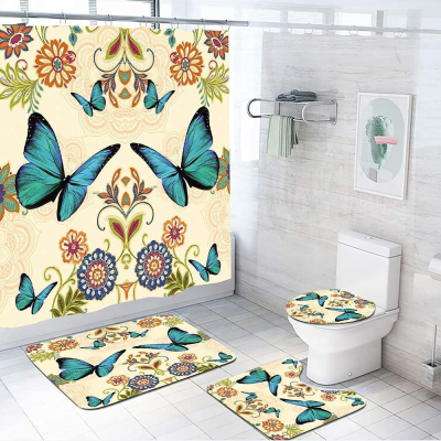 4-Piece Shower Curtain Warm Yellow Flower Butterfly with Toilet Lid, Non-Slip Carpet Bathroom Mat Carpet and Waterproof Shower Curtain