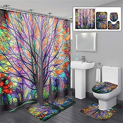 4 Pieces Colorful Magic Tree Shower Curtain Multi-Flower Butterfly with Toilet Lid Carpet, Bathroom Mat Carpet and Waterproof Curtain