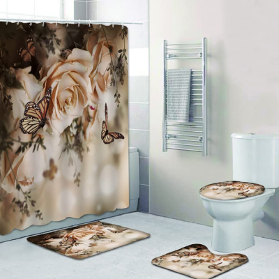 4-Piece Shower Curtain Set, Warm Yellow Flower Butterfly Bathroom with Toilet Lid Cover, Carpet, Bathroom Mat and Shower Curtain