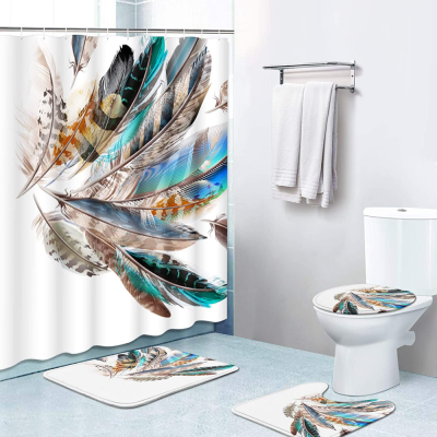 4-Piece Shower Curtain Set, Colorful Feather Non-Slip Carpet, Toilet Lid and Bathroom Mat, Durable and Waterproof