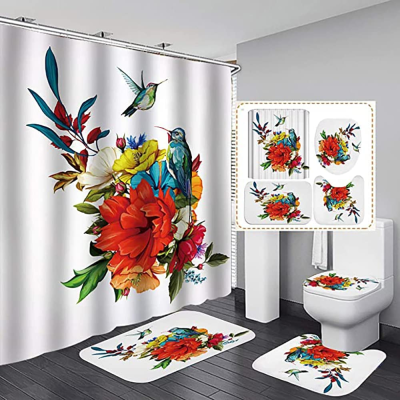 4 PCs Birds and Flowers Shower Curtain Set, Colorful Flower Butterfly Bathroom Decorative Band Toilet Cover, Non-Slip Carpet