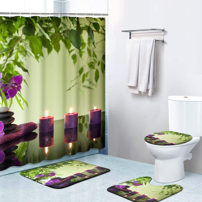 4-Piece Shower Curtain Set Flower Green Spa with Non-Slip Carpet, Toilet Cover and Bath Mat Waterproof Bathroom Set