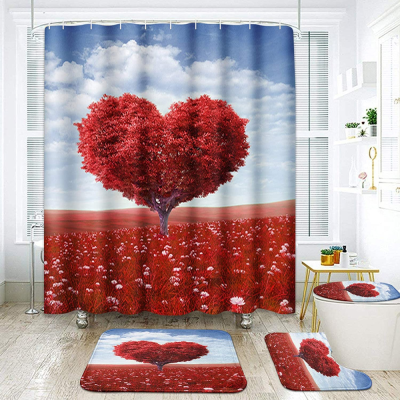 4-Piece Shower Curtain Set Tree-Shaped Love Heart Romantic Happy Valentine's Day with Carpet Toilet Cover and Bathroom Mat Bathroom
