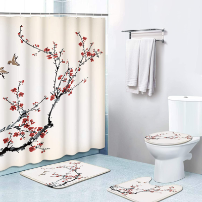 4-Piece Shower Curtain Set, Cherry Blossom with Non-Slip Carpet, Toilet Cover and Bath Mat, Durable and Waterproof